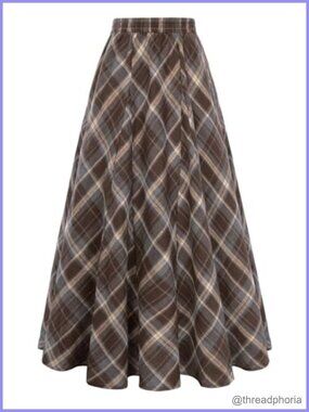Long Plaid Godet Maxi Skirt High Waist A Line